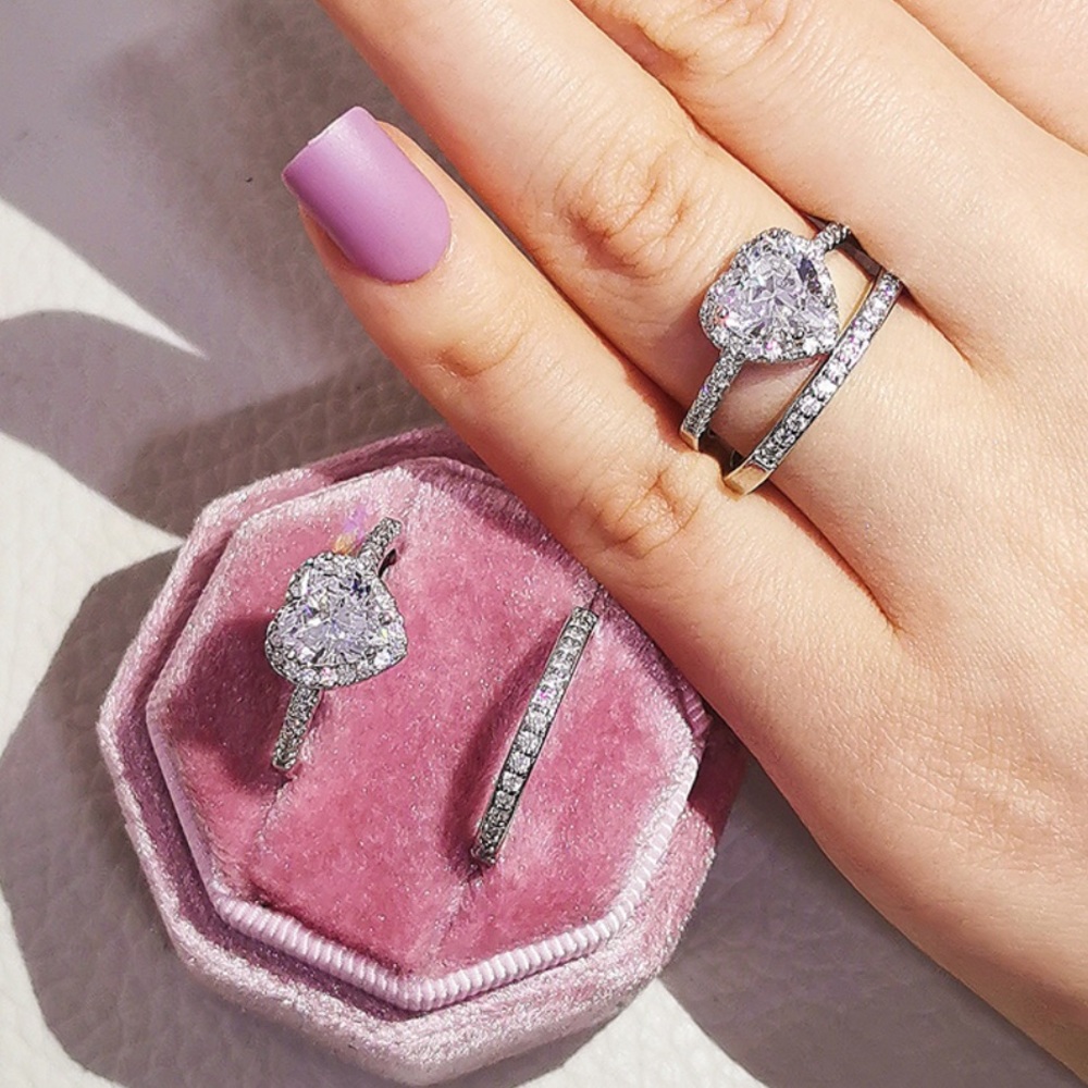 Heart ring sterling silver 925 2 PCS set luxury cubic zirconia women jewelry